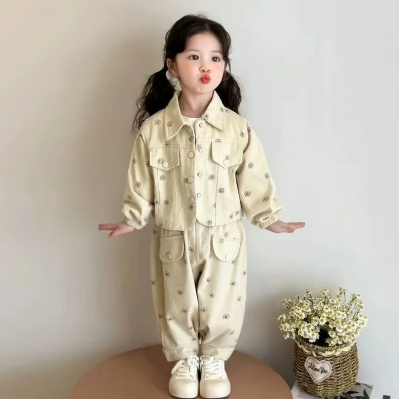 

2025 Girls Spring Coat Set New Children Foreign Style Girl Baby Spring and Autumn Leisure Cardigan Two-piece Set Of Tide