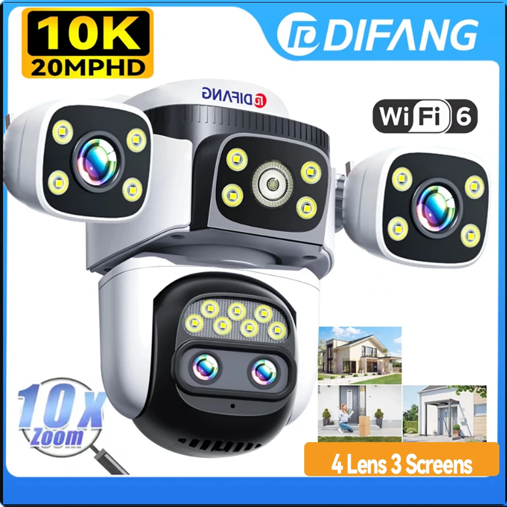 

10K Wireless CCTV Camera Outdoor Four Lens Three Screen Video Surveillance 10X Optical Zoom Smart Home PTZ 20MP WiFi IP Camera