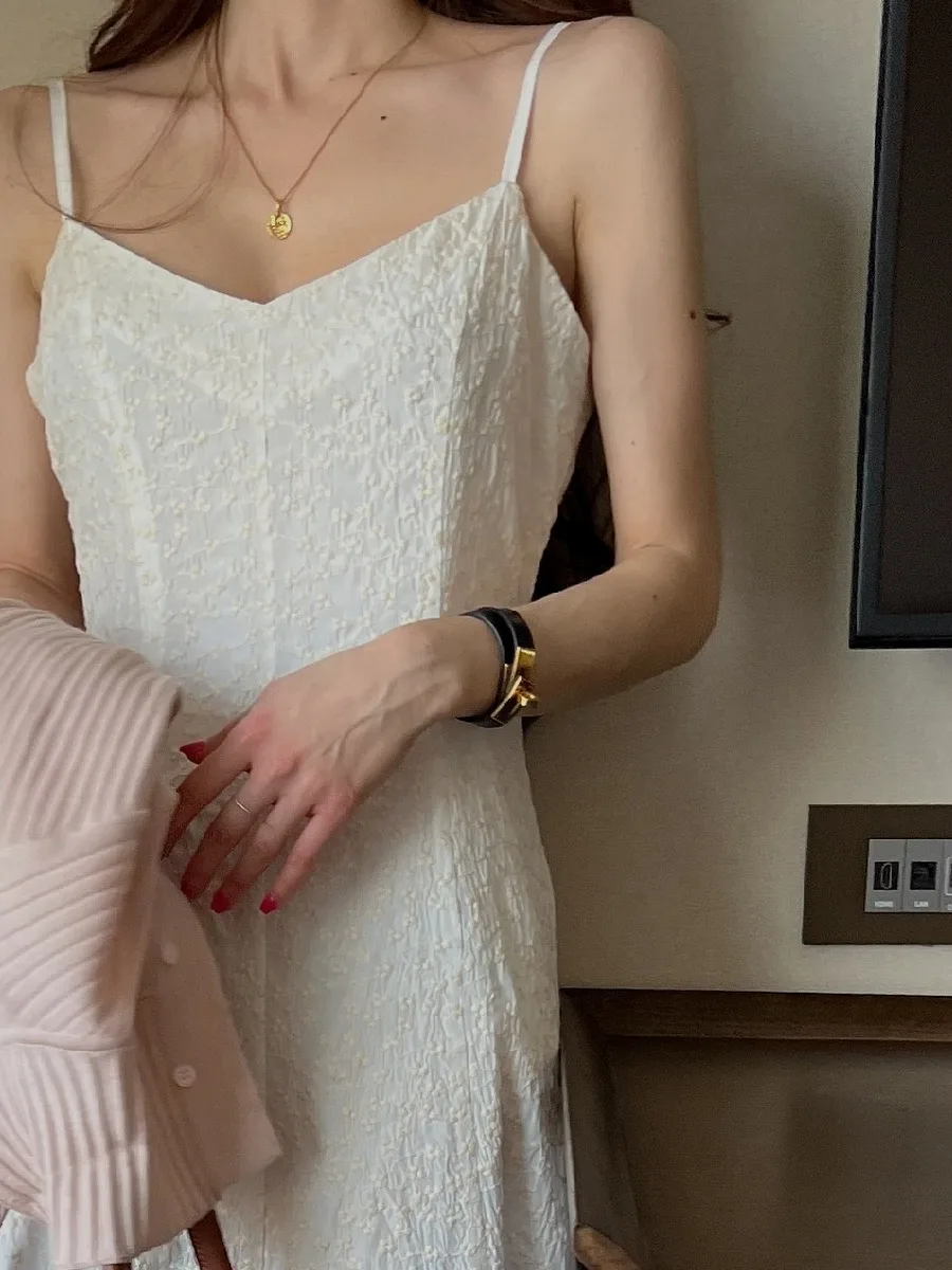 Ele Summer New Sle Small V-ne Embroidered Floral Lace Trim Dr Women's Svel Heavy Embroidery Strap Dr