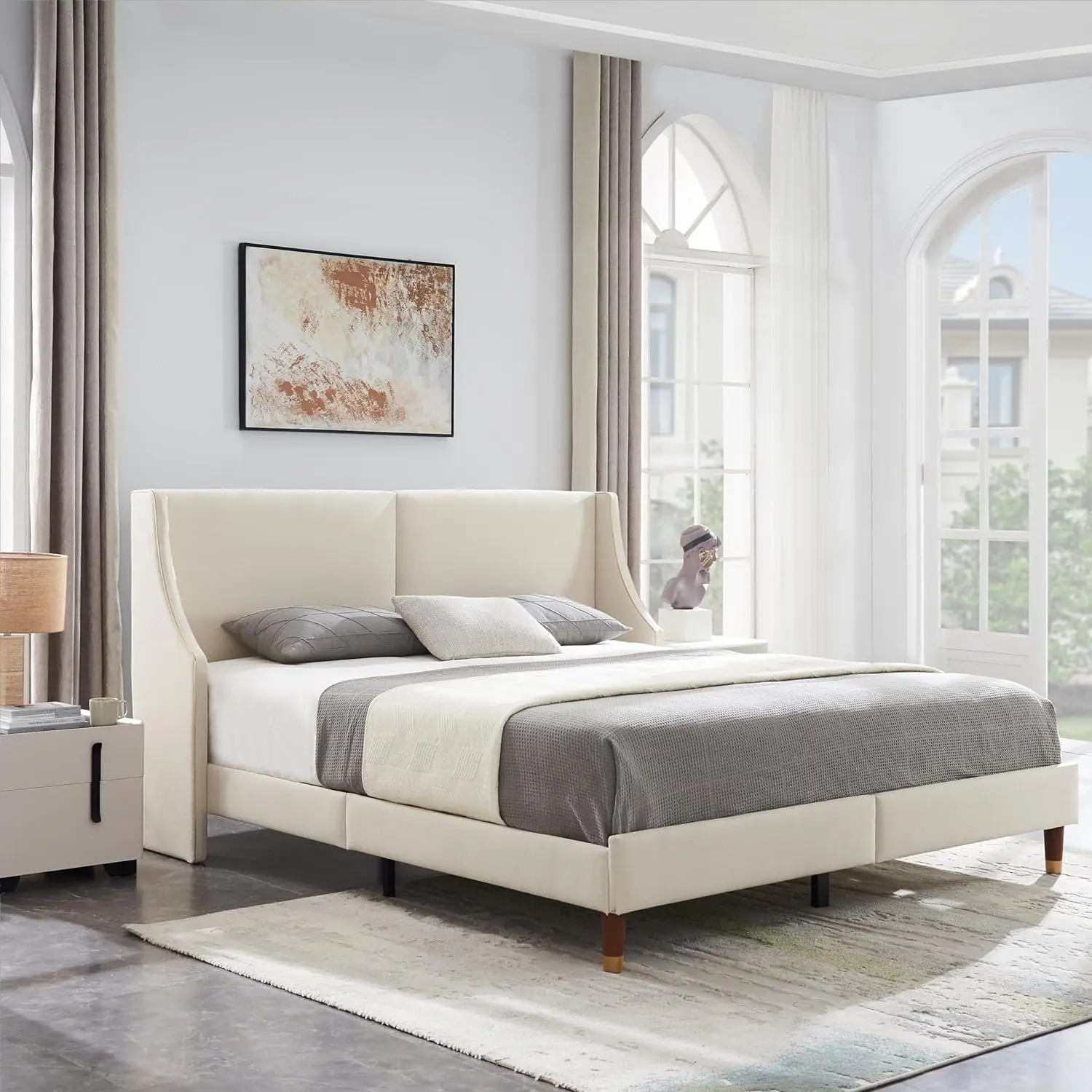 

upholstered Platform Bed Frame, wingback headboard with Gold Lines, Wooden Slat Supports, Easy to Install, noiseless