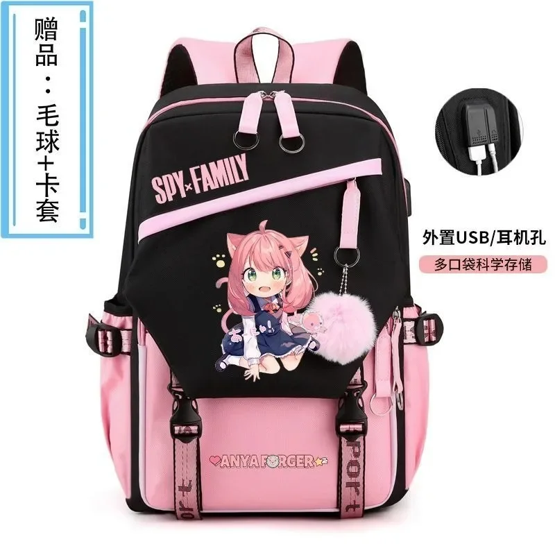 With USB port, Breathable mesh, 29×44×15cm Black Pink Blue Yellow, Spy x Family, Teens School Bags, Anime Backpacks Girls Boys