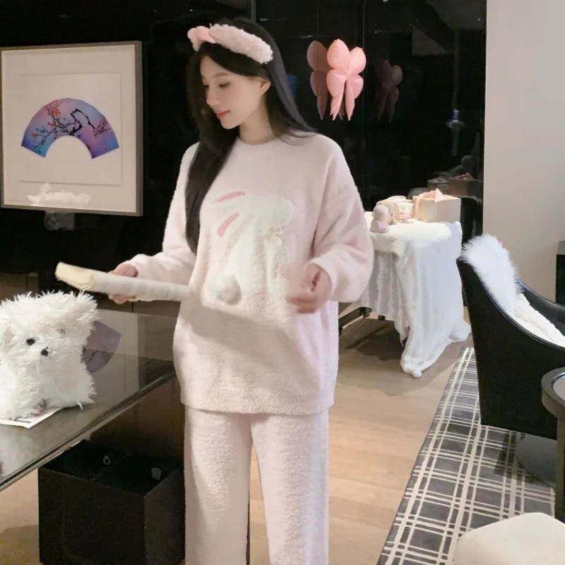 

Новый зимний женский пижамный комплект с длинными рукавами, брюки, милый полуфлисовый японский дизайн с кроликом, уютная домашняя одежда, одежда для сна, один размер, сладкий