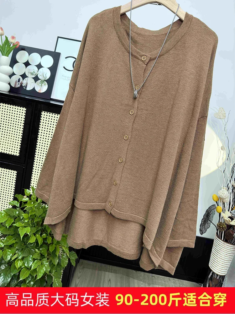 Large Round Neck Knitted Cardigan Jacket for Women's Winter Lazy Style Loose Fitting Outer Layer with Medium Length Sweater