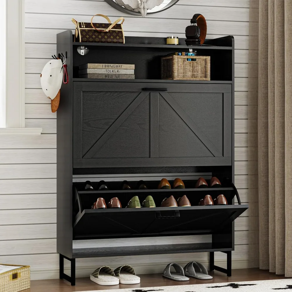 

Shoe cabinet with 2 flip drawers, narrow shoe cabinet storage cabinet, wooden independent shelf, hidden design