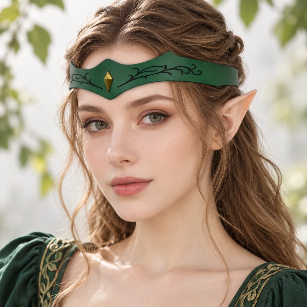 Vintage PU Leather Elf Headband for Women, Brown Green Vine Gem Medieval Headpiece, Forest Fairy Fantasy Cosplay Accessory