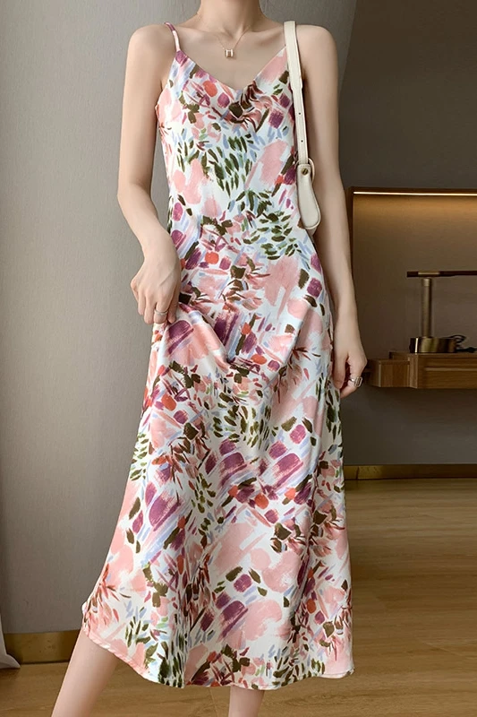 Chic Essigsäure Kleid Frauen Französisch Öl Malerei Floral Neue Weste Hosenträger MIDI Dressses 2023 Sommer