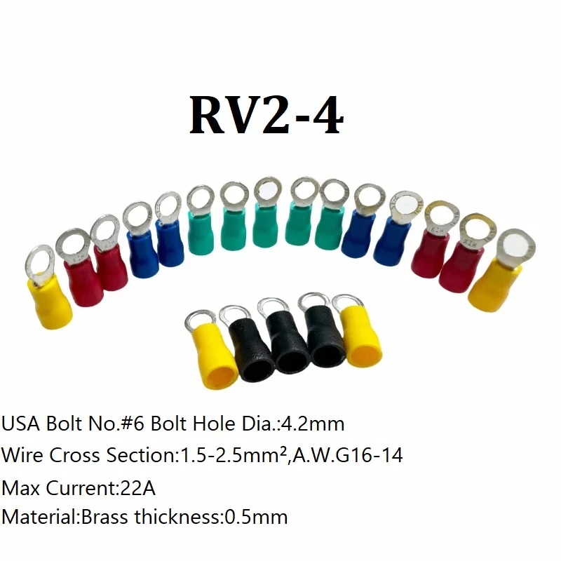 RV2-4 Per 50Pcs Wire 1.5-2.5mm² Crimp Terminal Bolt #6 AWG16-14 Insulated Ring Terminal Tubular Cable Lug Starfix Connector