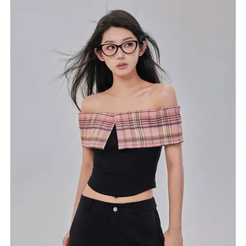 2024 Summer New Design Sense Retro Sweet and Spicy Off Shoulder One Shoulder Top Women's High End Plaid Spliced Slim Fit T-shirt