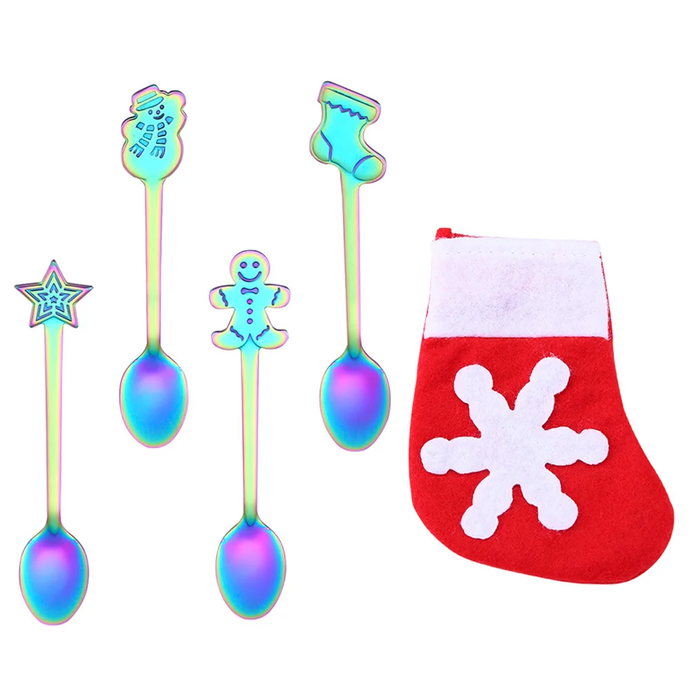 

5Pcs Stainless Steel Christmas Spoons Set Cartoon Style 4 Colorful Spoons Boot Bag Coffee Tea Dessert Tableware