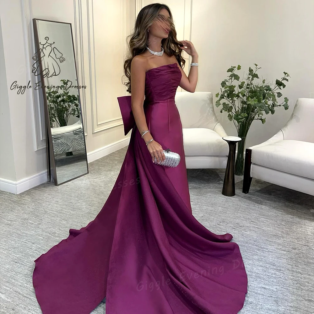 Giggle Strapless Satin Formal Party Dresses Straight Floor-Length Bow Train elegant Saudi evening gala dress for women 2024