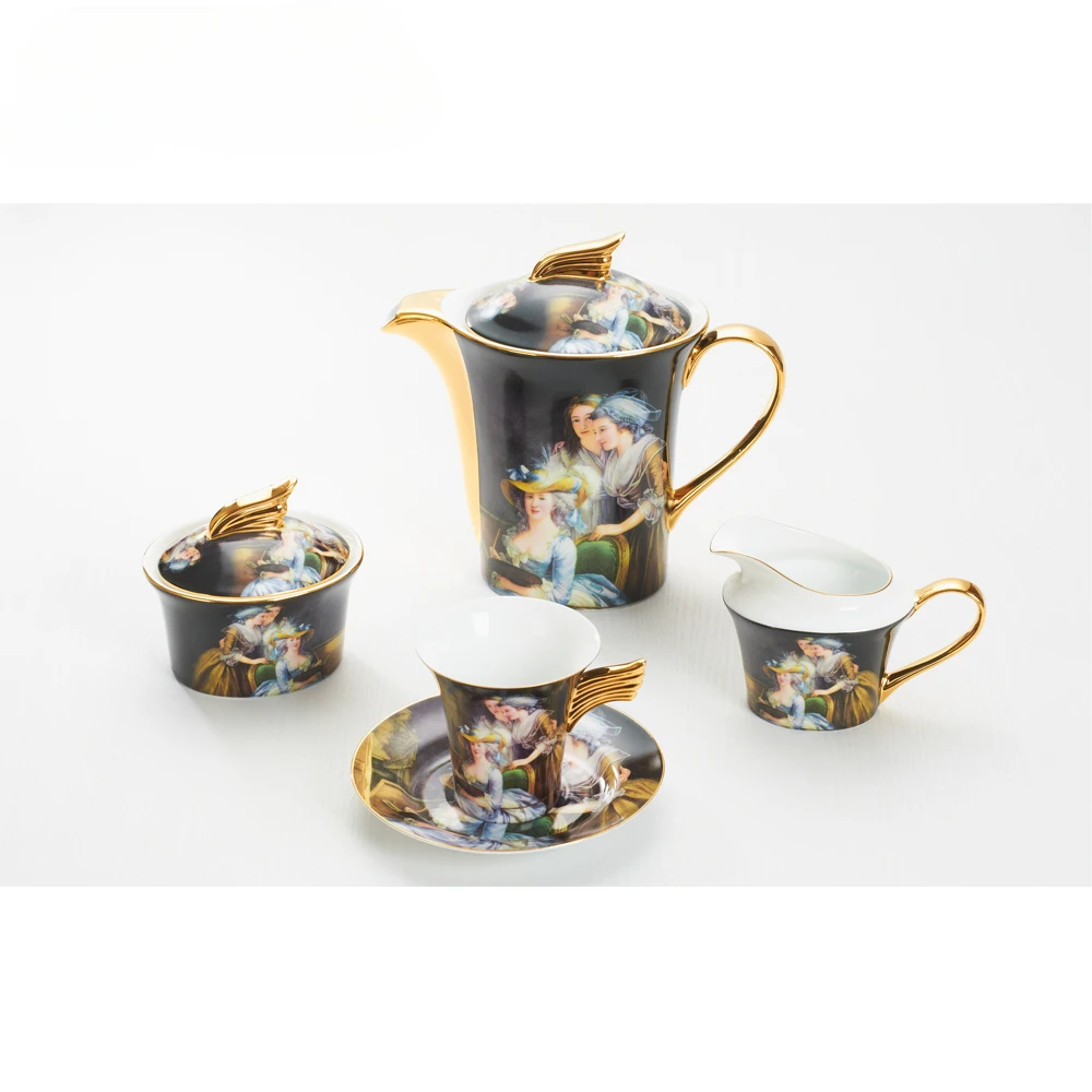 24K Gold European Porcelain Ceramic Afternoon Coffee Tea Cup Pot Sets In Leopard Grain Design