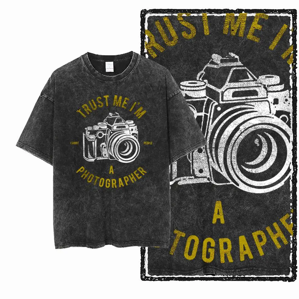 Washed Distressed Men's Photographer T-Shirt Photography Black Cotton Camera Lover Graphic Print Cotton Tee Shirt G75