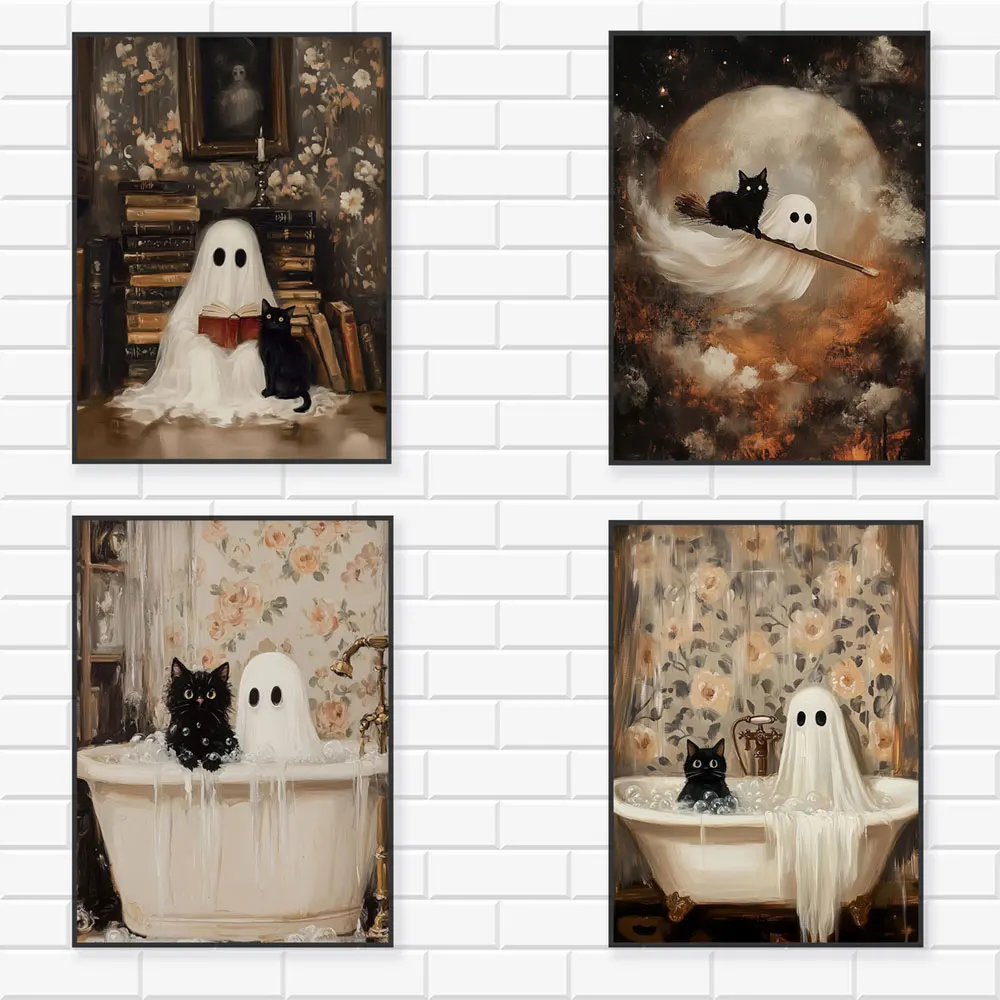 

Cute Ghost And Black Kitten In Bath And Read Books Poster Wall Canvas Painting Animals Picture For Bathroom Halloween Decor