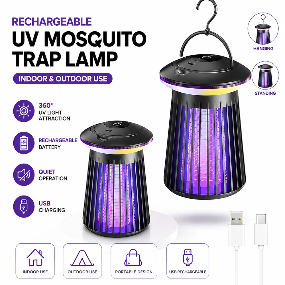 Rechargeable Mosquito Killer Lamp UV Bug Zapper Indoor Outdoor Mosquito Trap Portable Insect Catcher for Camping