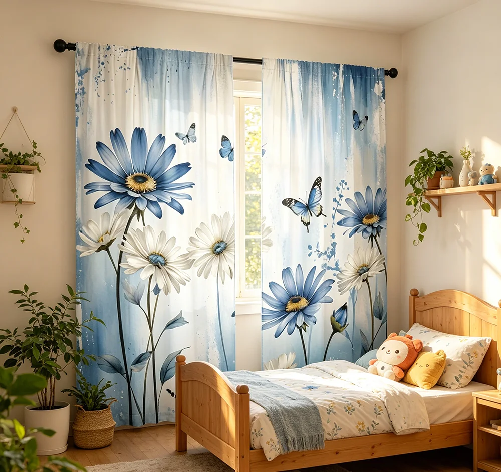 2PCS Digital Printed Curtains, Blue Chrysanthemum Butterfly Elegant Floral, Home Decor Style for Living Room Bedroom Decor