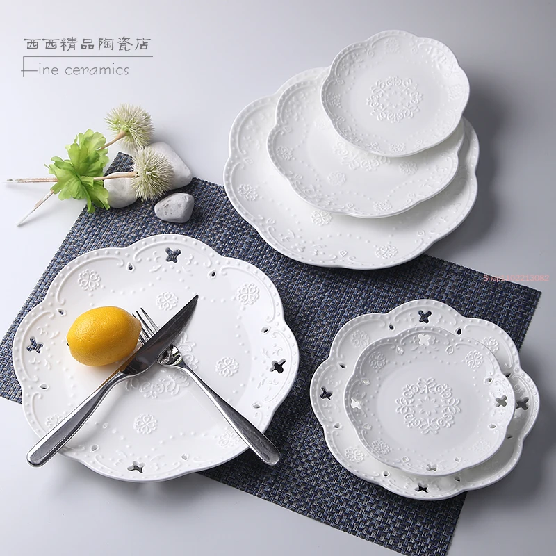 3pcs Set, 6+8+10inch, White Embossed Porcelain Cake Plate, Design, Service the Table, Dinner Plate Sets, Dinnerware