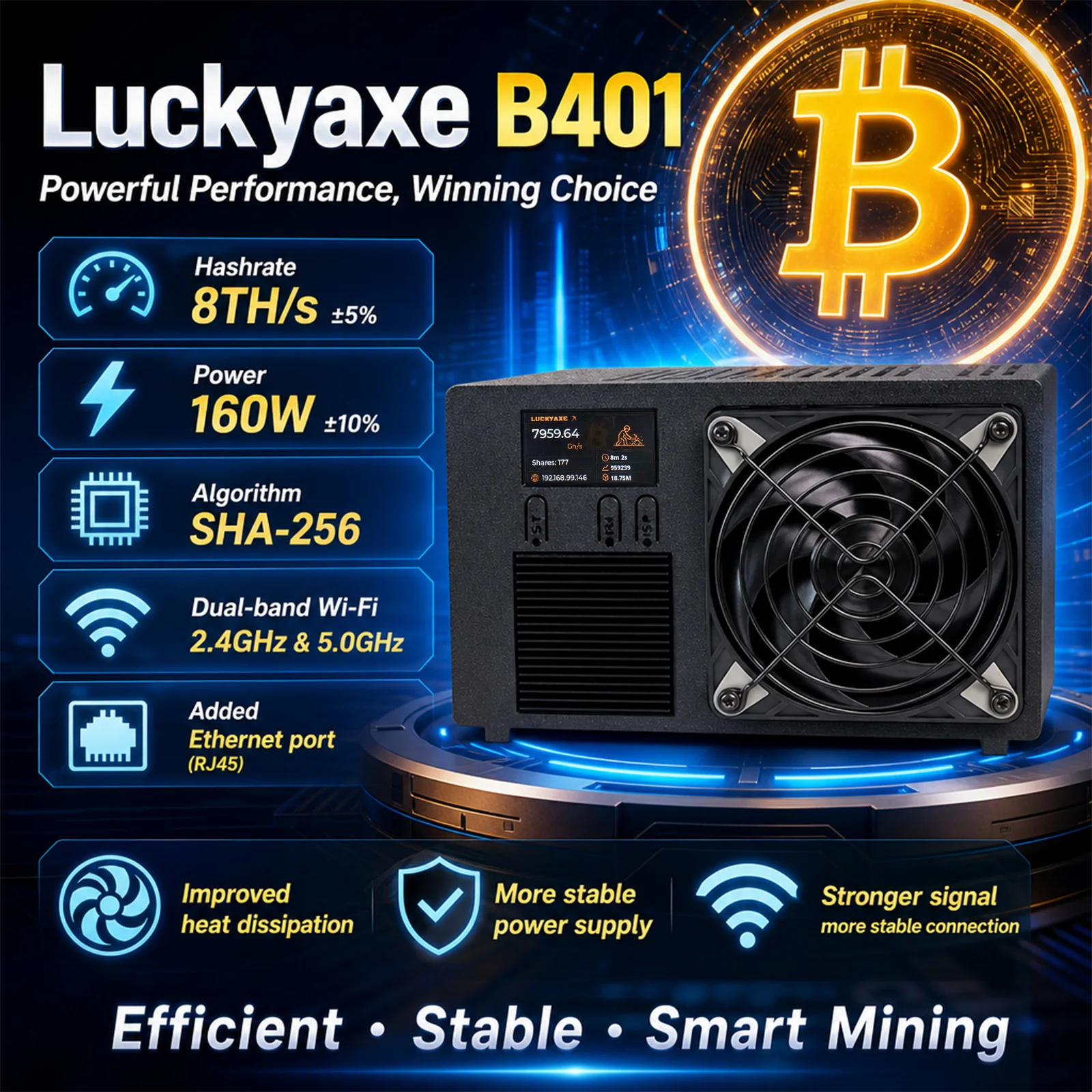 Luckyax B401 Bitcoin Mining Machine Upgraded NerdQX Version with 7.8~8Th/s Hashing Power for Cryptocurrency Mining