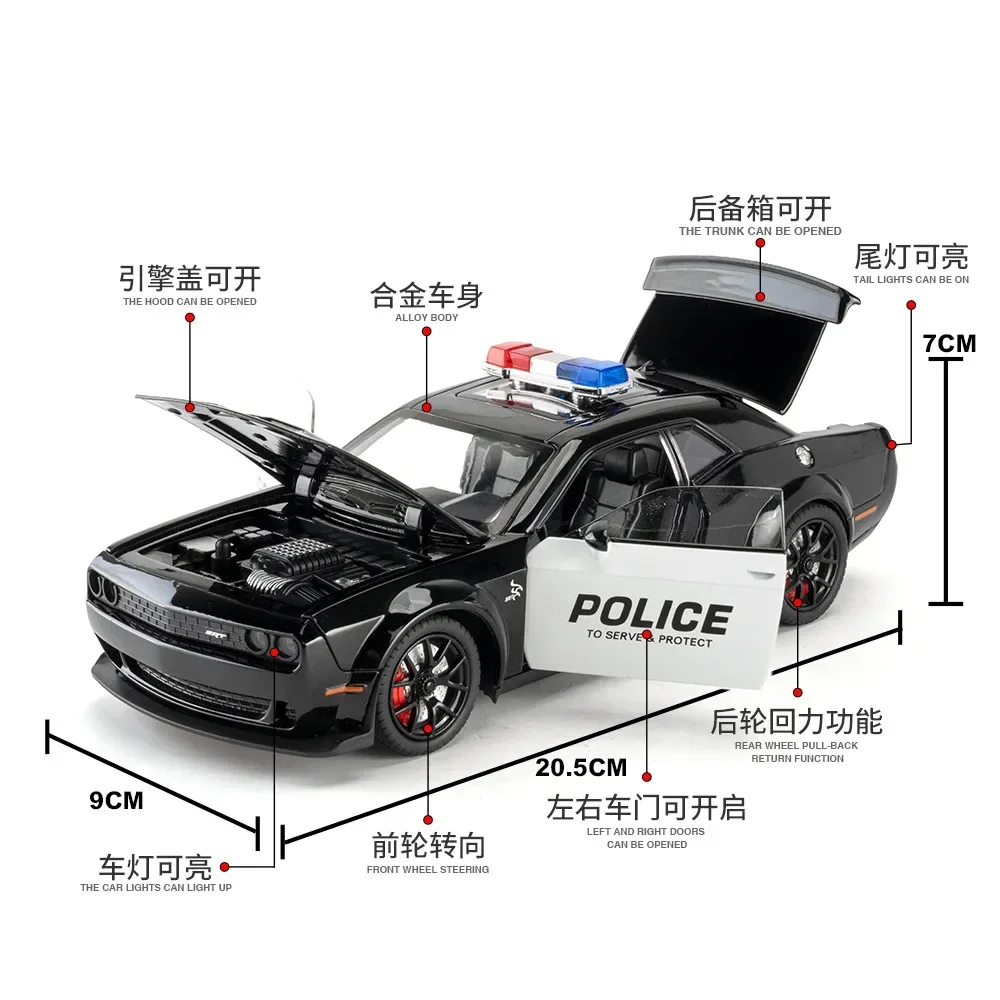 1:24 Dodge Challenger SRT Hellcat carro de polícia Liga Modelo de carro Coleção Miniatura Voiture Diecast Veículos de brinquedo Menino