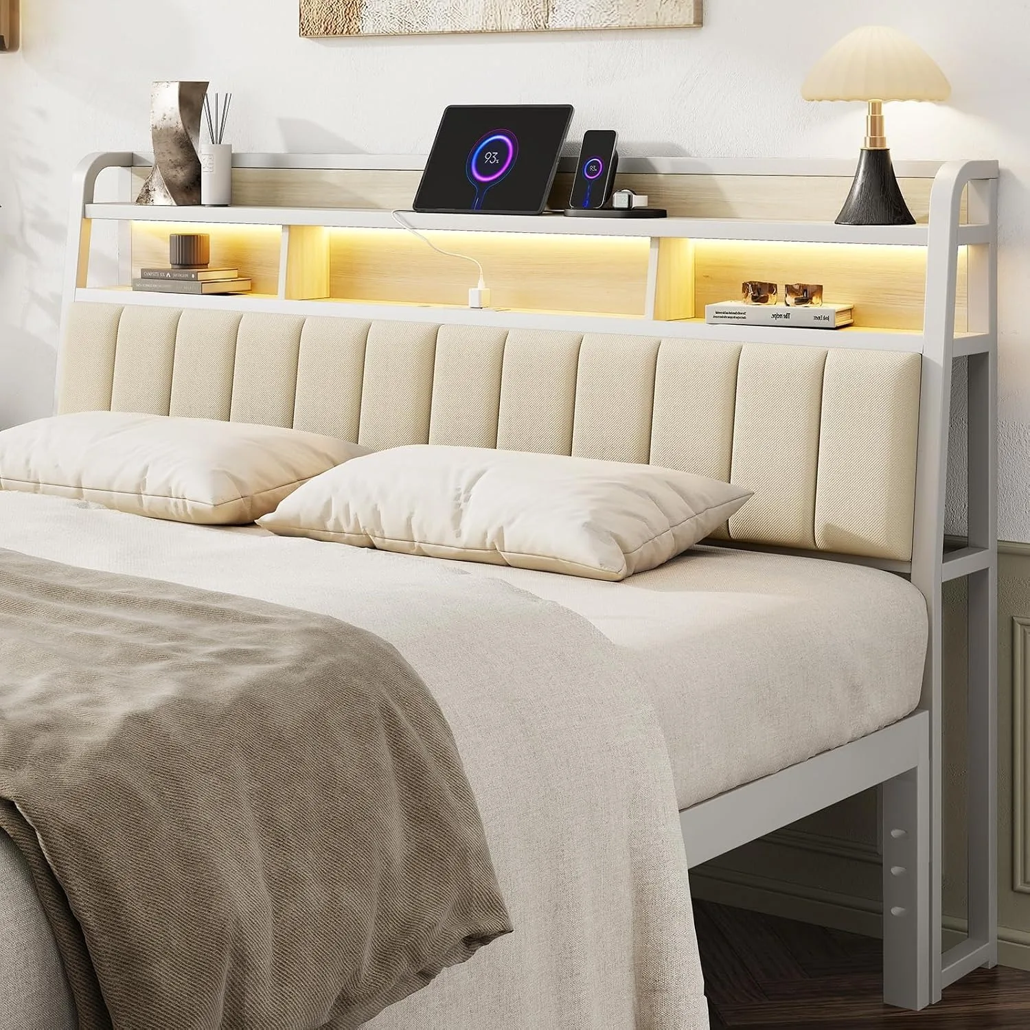 King Headboard Only with Storage, Upholstered Headboards for King Size Bed with LED Light, Customized
