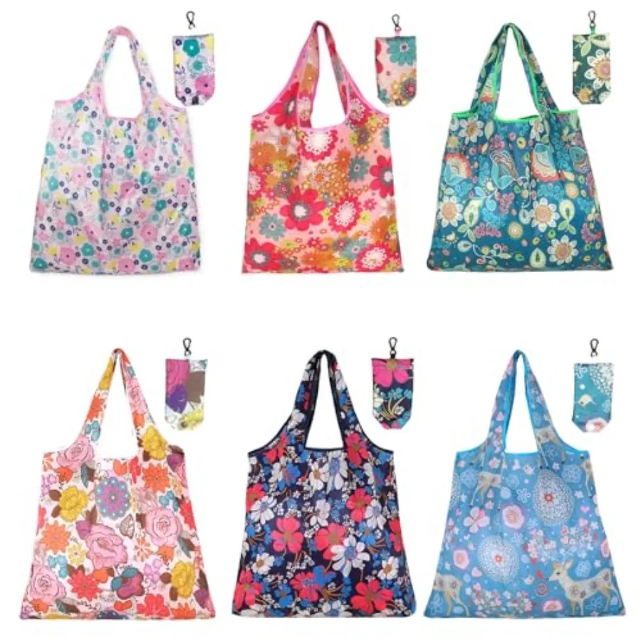 6 Pcs Reusable Shopping Bags Foldable, Machine Washable Shopping Grocery Bags in Pocket, Eco-Friendly Travel Recycle Shopping B