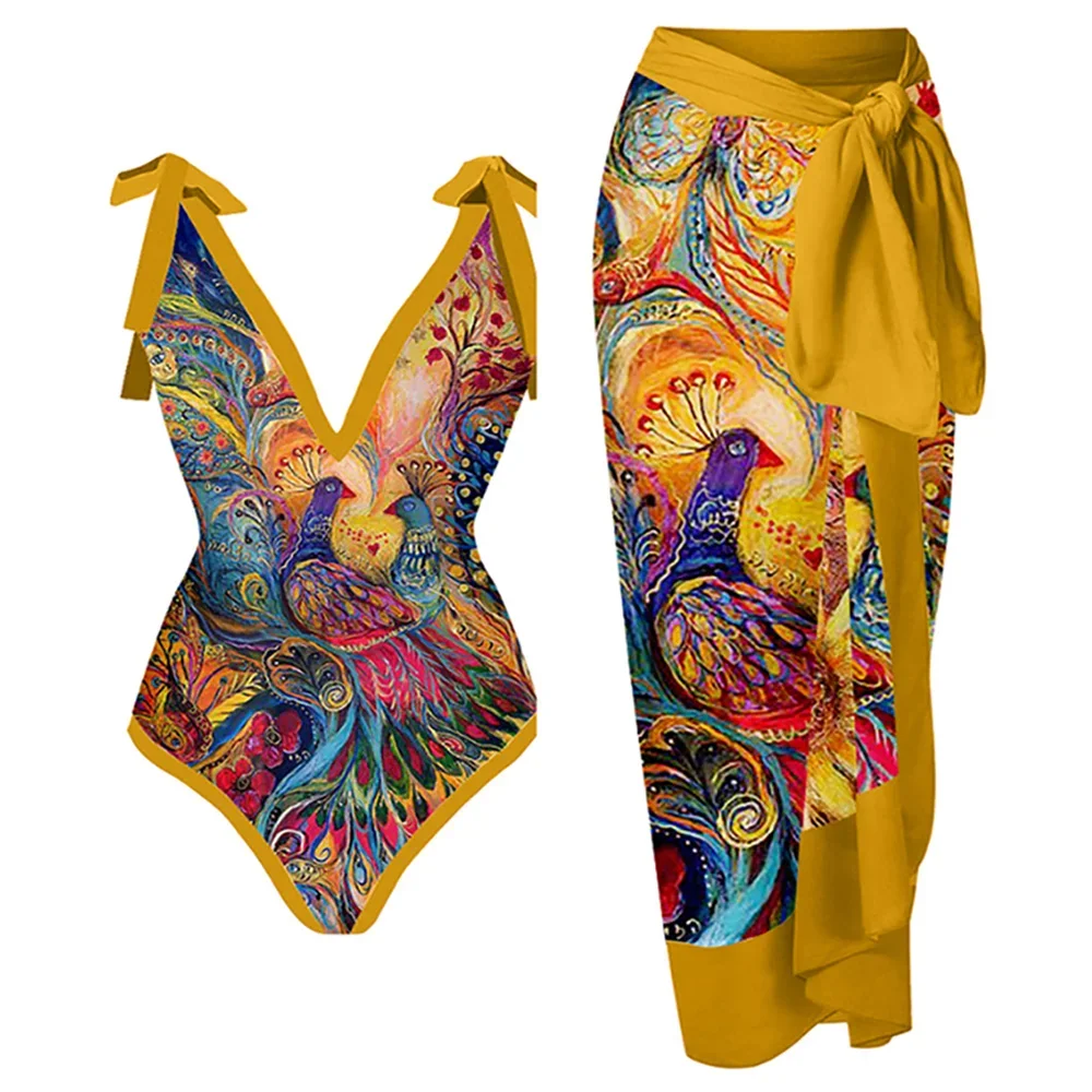 

Women's Golden Swimsuit with Skirt, Female Swimwear Cover Up, Retro Holiday Beach Dress, Summer Surf Wear, One Piece