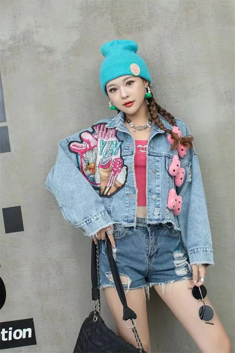 Women Jacket European American Style Heavy Industry Nail Bead Denim Coat 2024 New Sweet Short Top