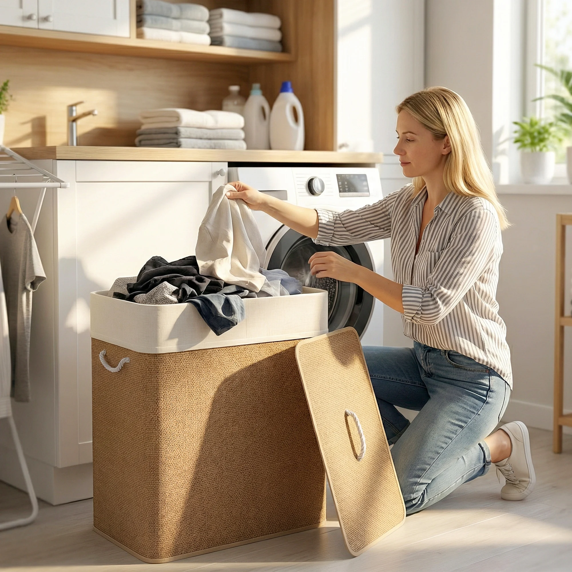 

Коричневая бамбуковая двойная корзина для белья на 26,4 галлона с крышкой и двумя съемными моющимися мешками для одежды, в наличии