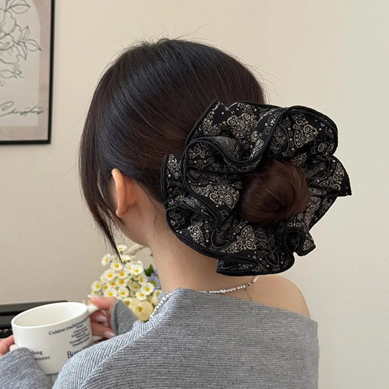 

Vintage Black Coffee Color Cashew Flower Ruffled Elastic Hair Rope Women Ponytail Holder Headwear Large Scrunchies Hair Ties