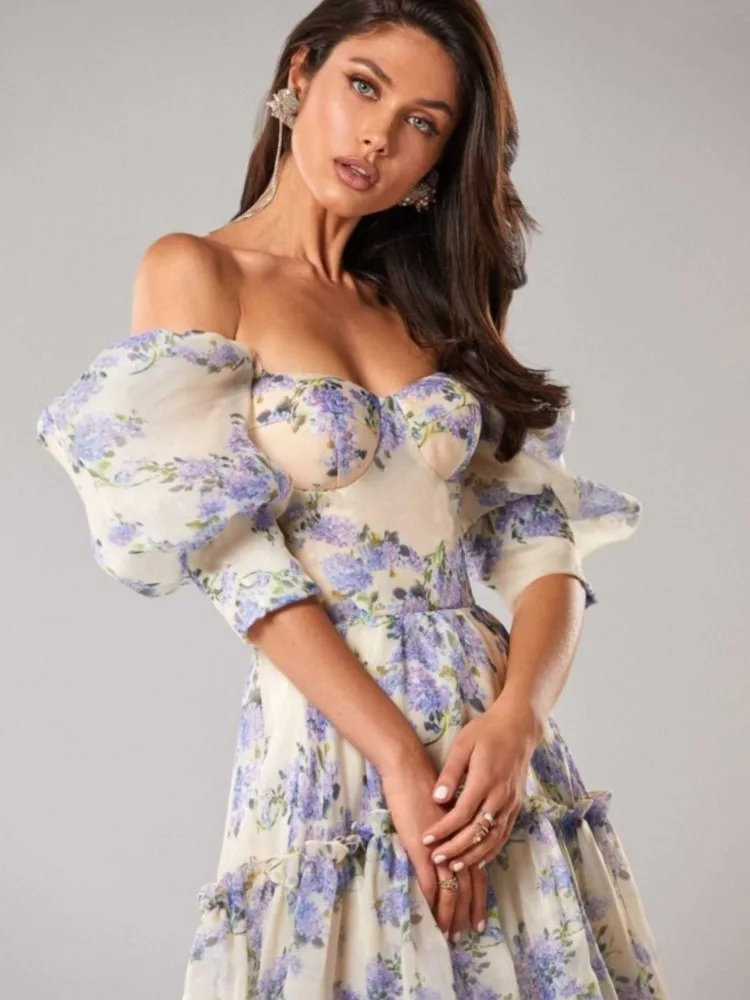 2025 New Elegant Floral Print Dresses Women's Spring Summer A-line Fashion Loose Off-The-Shoulder Evening Party Dress Clothing