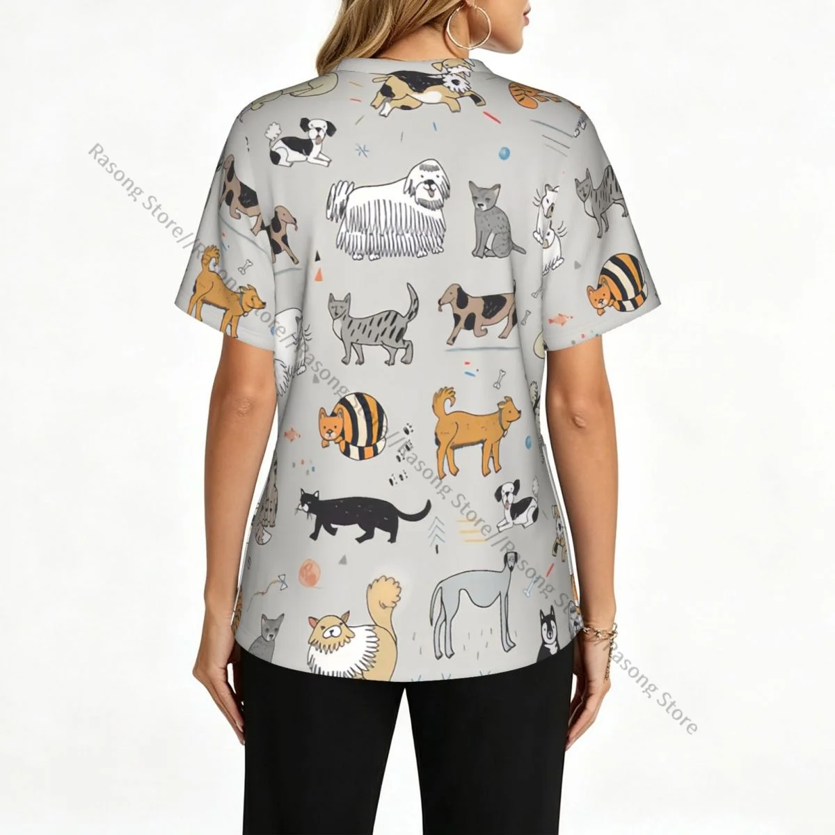 Women's Medical Scrub Top V Neck Short Sleeve Cute Cats And Dogs Stretch Nursing Uniform for Hospital Clinic