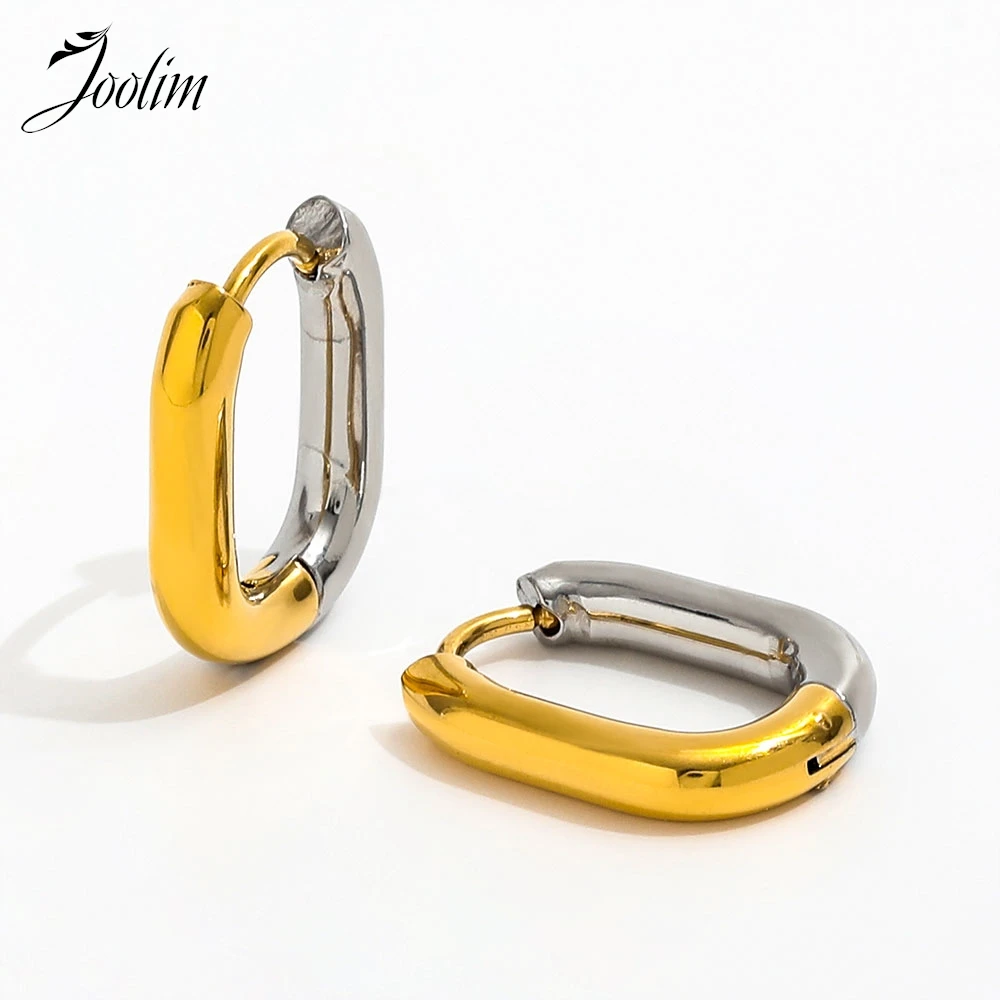 

Joolim Jewelry High Quality PVD Wholesale Waterproof Fashion Two-tone Smooth U-shaped Huggie Stainless Steel Earring for Women