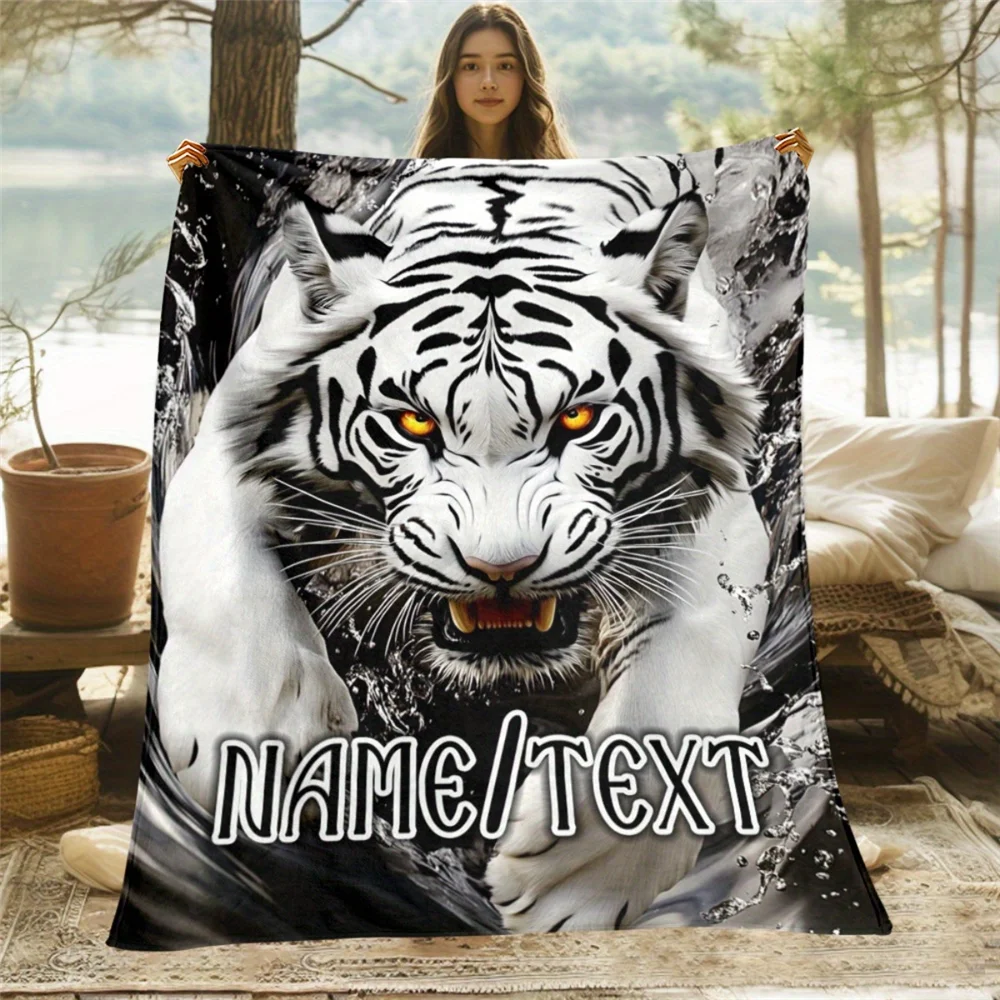 Custom name white tiger flannel blanket, soft blanket, suitable for sofa, bed, birthday, children, friends, gifts