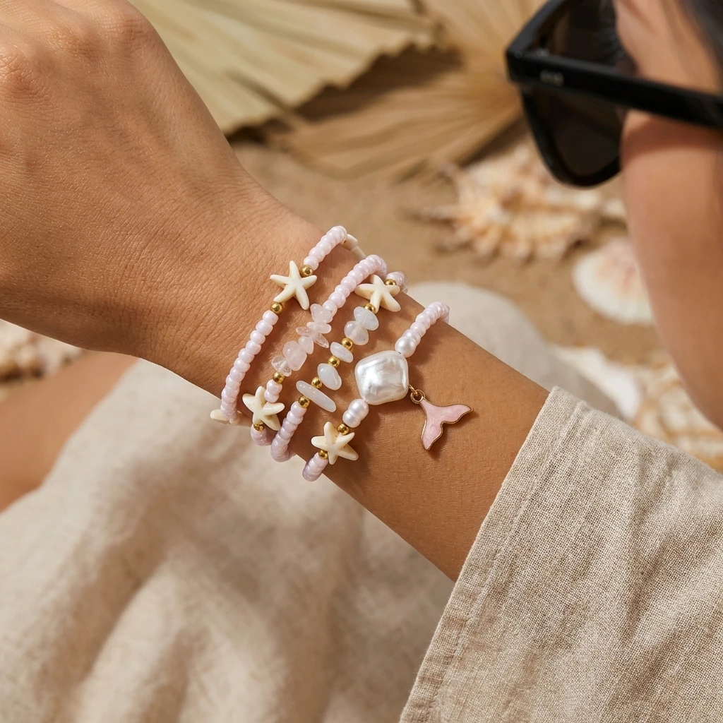 

Boho Mermaid Tail Beaded Bracelet Set for Women Irregular Stone Starfish Imitation Pearl Elastic Bracelets Vacation Jewelry Gift