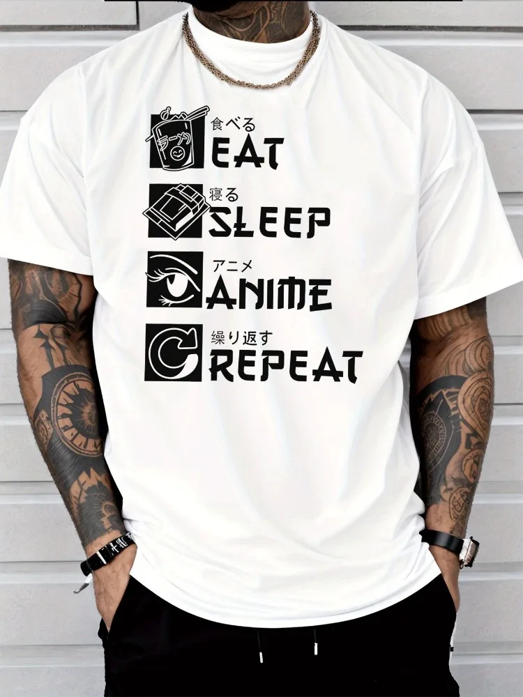 Mens Anime Fan Tee Eat Sleep Repeat Japanese Letter Graphic Red Crew Neck Loose Soft Short Sleeve Daily Summer Street Casual Top