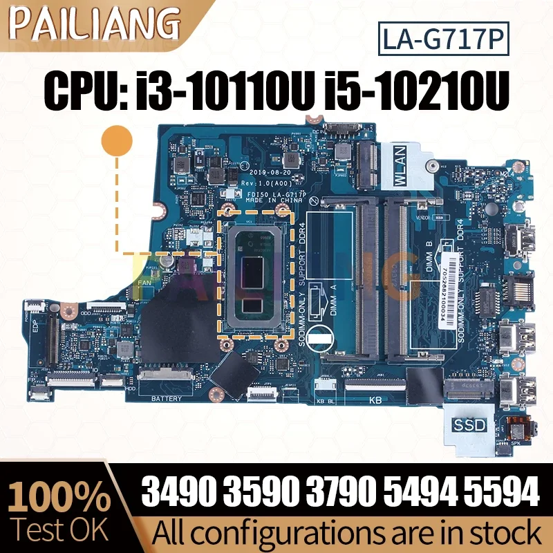 For Dell 3490 3590 3790 5494 5594 Notebook Mainboard LA-G717P 0P43V7 6FMPV i3-10110U i5-10210U i7-10510U Laptop Motherboard Test