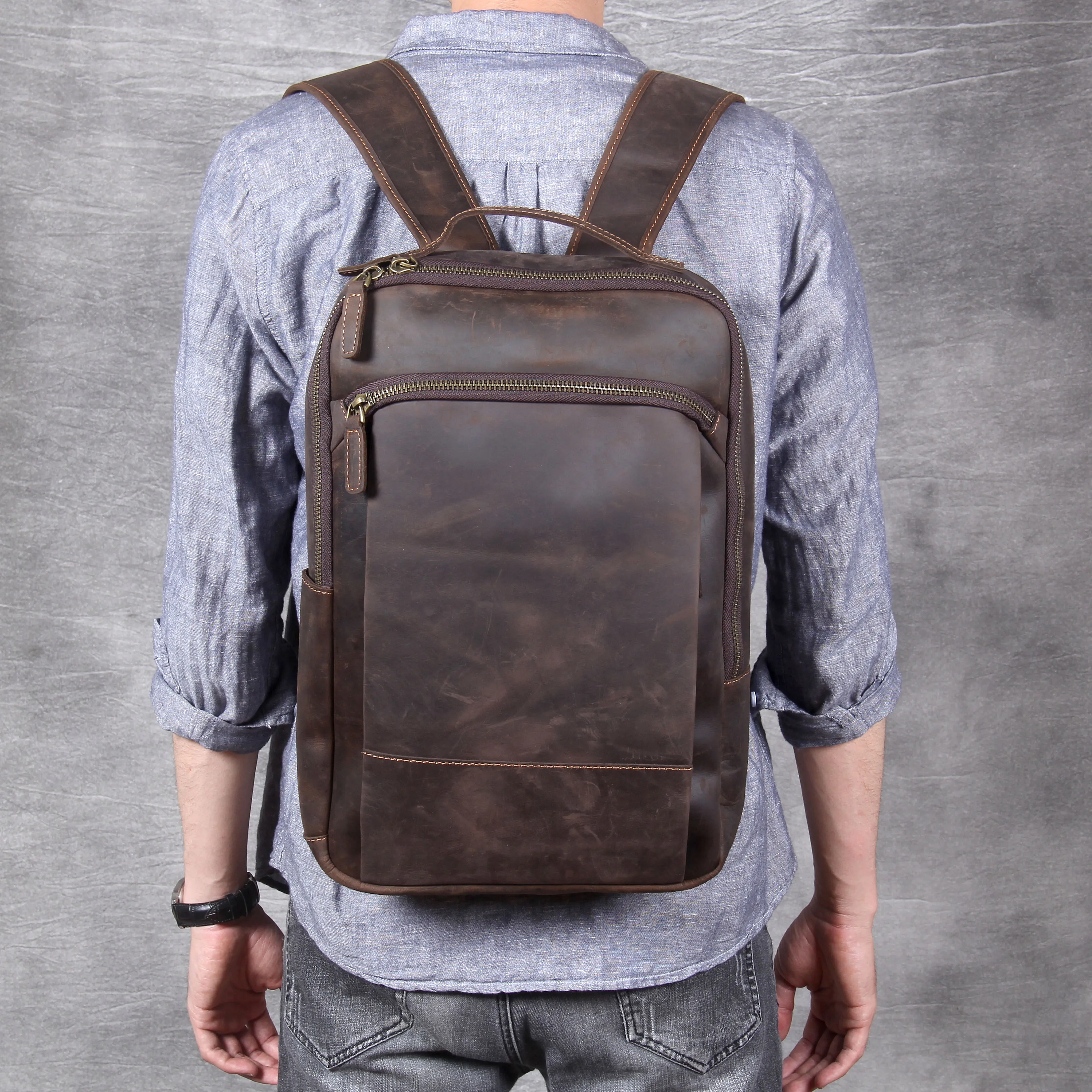 S.WORKER Vintage Echtleder-Rucksack 16“ Laptop-Tasche Crazy-Horse-Leder Schultasche Outdoor-Reise-Weekender-Schultertasche – Detail 4