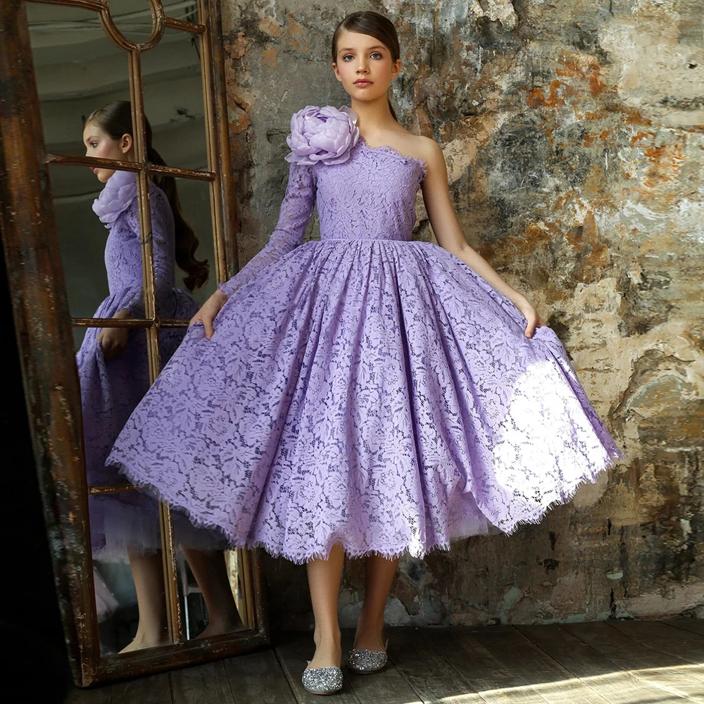 Lavender Lace Flower Girl Dress One Shoulder Long Sleeve Big Flower Puff Tea Length Princess Party Gown for Birthday Dresses