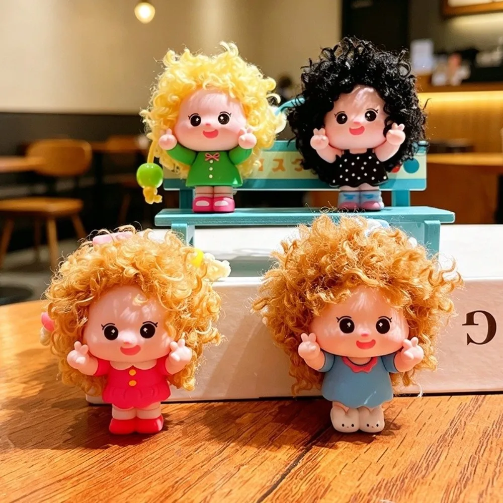 Fashion PVC Curly Hair Doll Keychain Cartoon Dopamine Doll Bag Pendant with Lanyard Car Key Ring Bag Charm