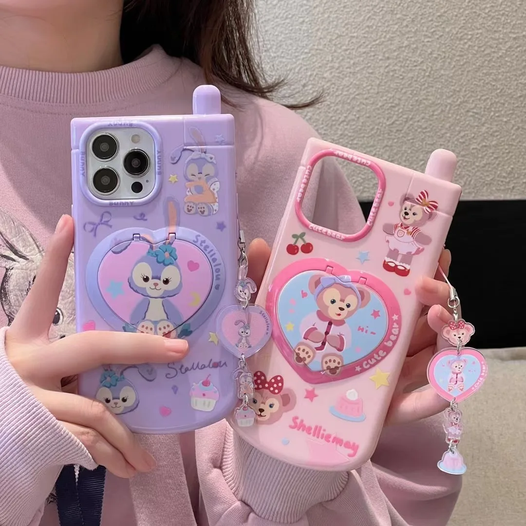 Pink Cute Cartoon Duffy Bear Stella Lou Friend Mirror bracket Phone Case for iPhone 15 16Pro Max 14 12 13 11 Luxury Cover