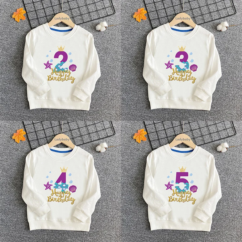 Cute Mermaid Princess Girl Sweatshirts 1 2 3 4 5 6 7 8 9 Years Happy Birthday Kids Hoodies Baby Pullover Tops Party Clothes Gift