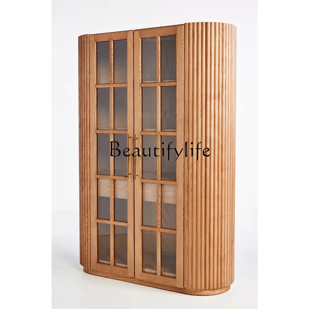 

Nordic Solid Wood Wine Cabinet Modern Semicircle Glass Cabinet Wood Color Liquor Sideboard Cabinet