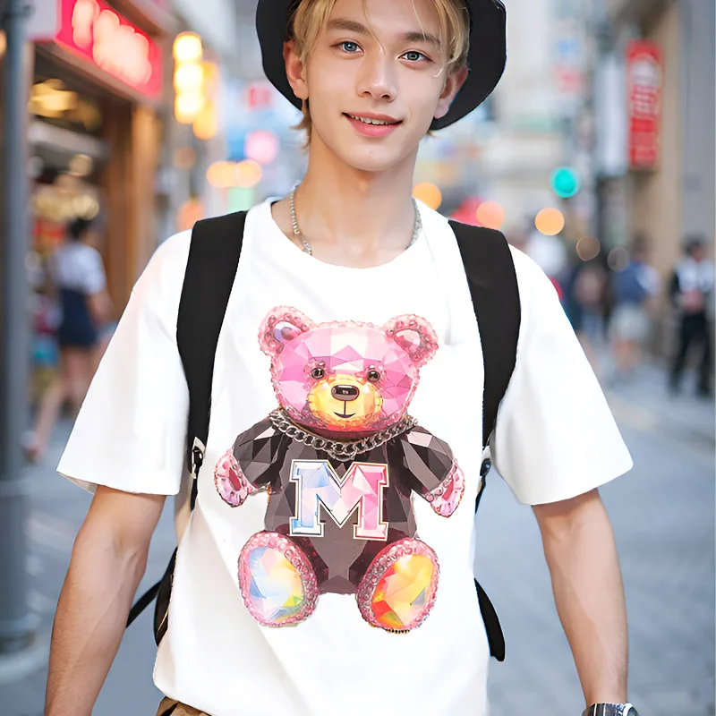 Chun yu yin jia Designer luxury brand Bear Pattern 3D Print Short Sleeved t-Shirt for man Black White 2 Colors men tee