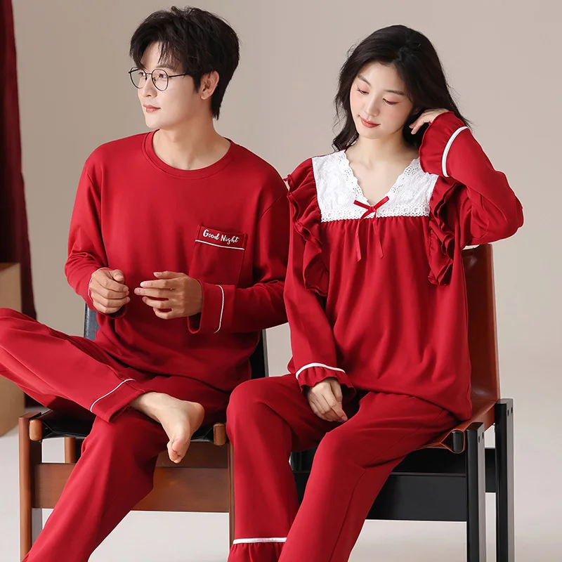 Autumn Lovers Pajamas Festive Red Long Sleeve Male Pajama Set Men Knit Cotton Pyjamas For Women Sleepwear Suit Couple Homewear