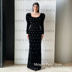 Mesprit Saudi Evening Dress 2024 Custom Size Long Sleeve Square Neck Crystals Velvet Mermaid Black Prom Gown Dubai Party Dresses