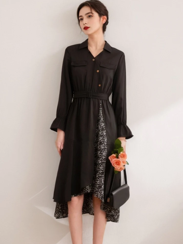 Outono preto retalhos floral babados midi vestido feminino manga longa gola polo camisa vestido 2025 coreano vintage hepburn vestidos