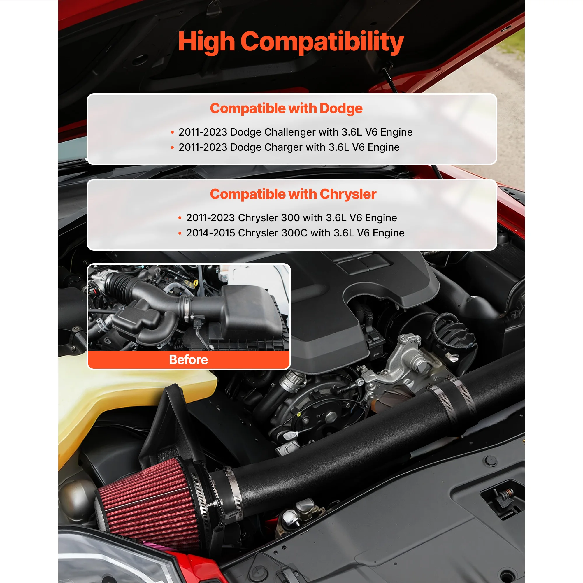 VEVOR Cold Air Intake Cold Air Intake System + Heat Shield w/Engine High Flow Filter Kit Improve Horsepower/Throttle Response