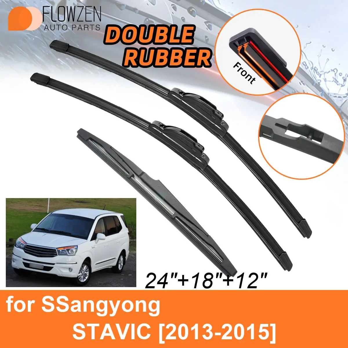 Double Rubber Car Wiper Blades for SSangyong STAVIC 2013-2015 Front Rear Blades Washers Windscreen Accessories 2013 2014 2015