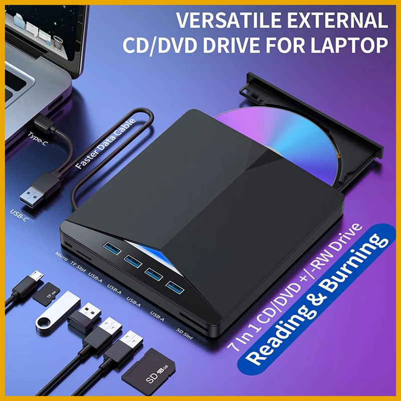 NEW DVD Player High Speed Data Transfer 7-in-1 Optical Drive USB 3.0 Type-c External CD RW  SD TF Card Recorder Reader Player