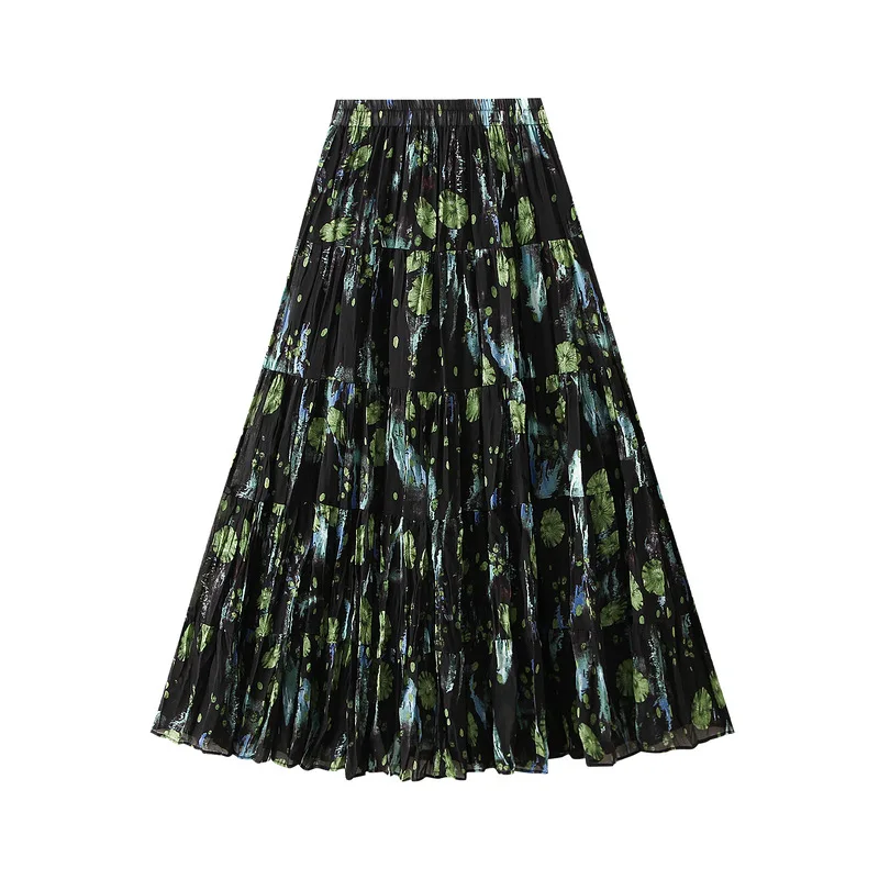 Vintage green floral skirt for women summer Skirt new elastic waistband Casual Loose A-line Maxi Skirts for Woman's Clothing