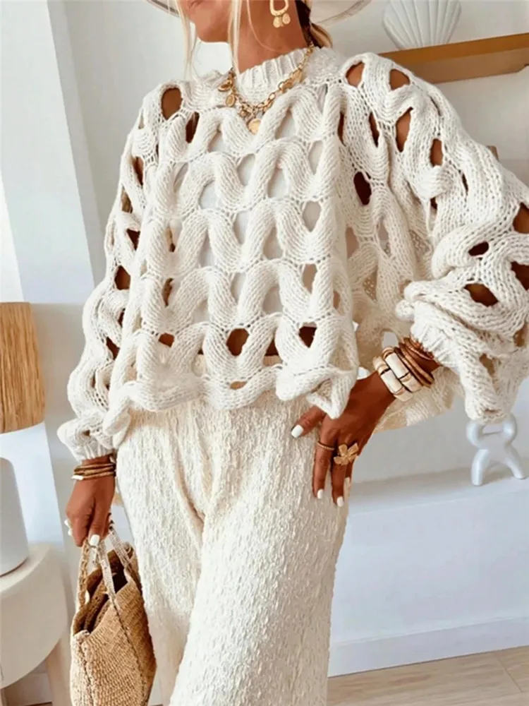 BKLD Damen Freizeitpullover Einfarbig Urlaub Strand Ausgehöhlter Häkel-Langarm-Pullover Gestrickte Oberteile für Frauen